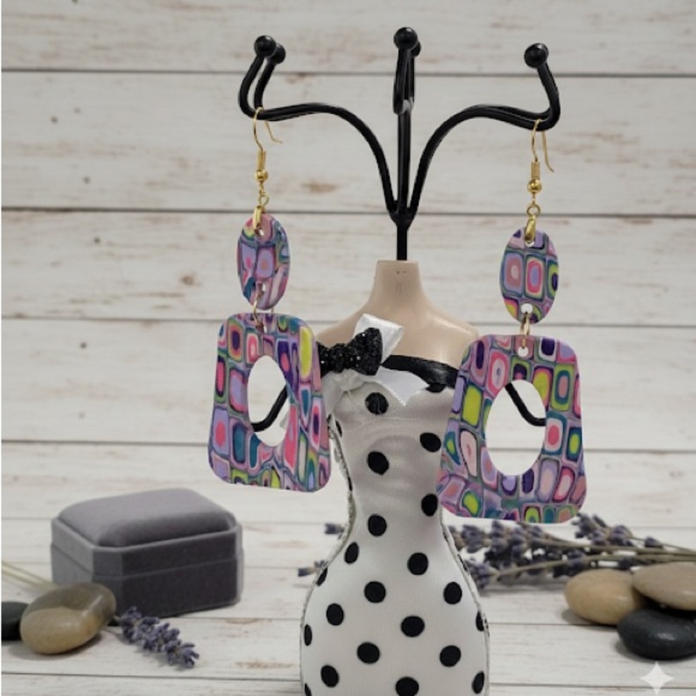 Handmade Geometric Dangle Earrings –Bold, Artsy, Handmade Polymer Clay Host Pick - Picture 8 of 15